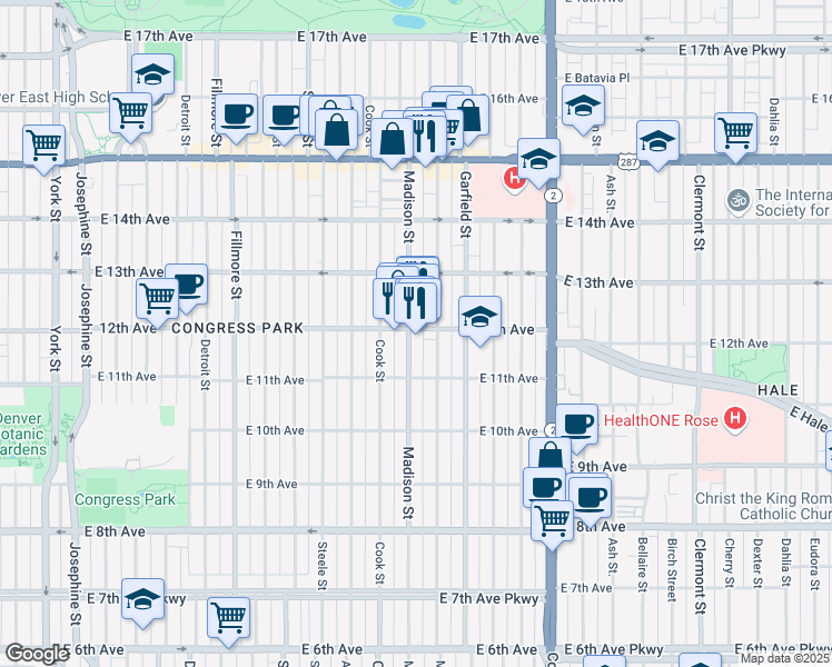 map of restaurants, bars, coffee shops, grocery stores, and more near 3504 East 12th Avenue in Denver
