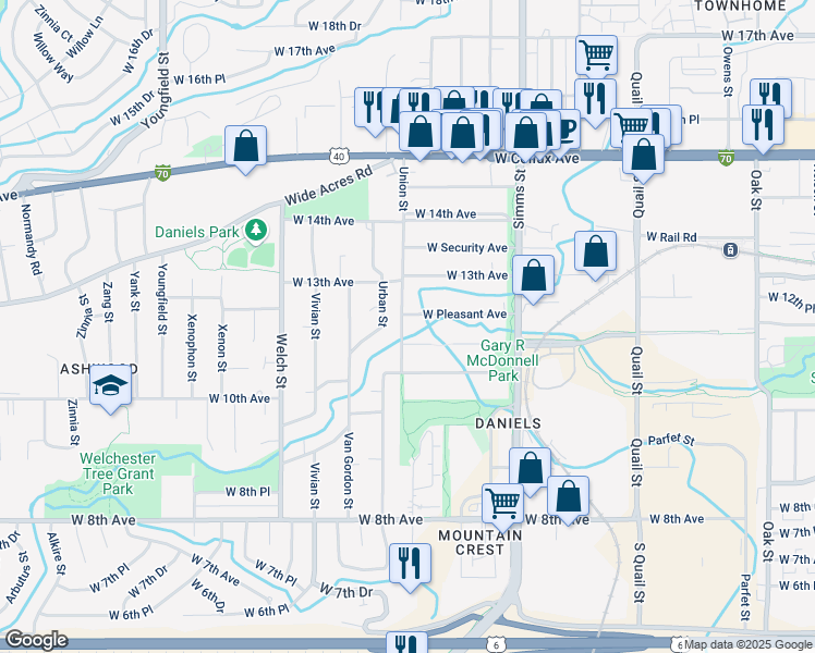map of restaurants, bars, coffee shops, grocery stores, and more near 1210 Union Street in Golden
