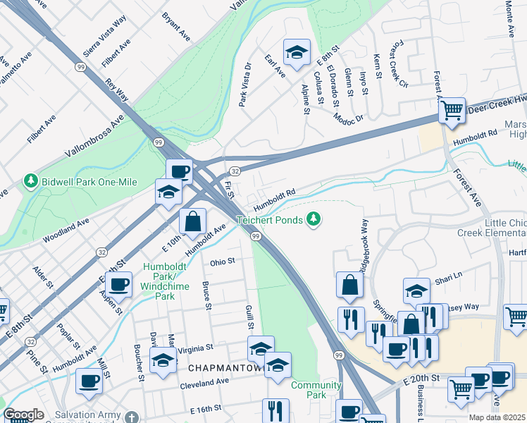 map of restaurants, bars, coffee shops, grocery stores, and more near 1469 Humboldt Road in Chico