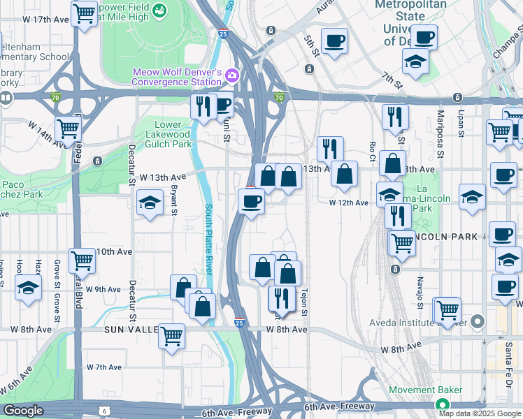 map of restaurants, bars, coffee shops, grocery stores, and more near 1962 West 12th Avenue in Denver