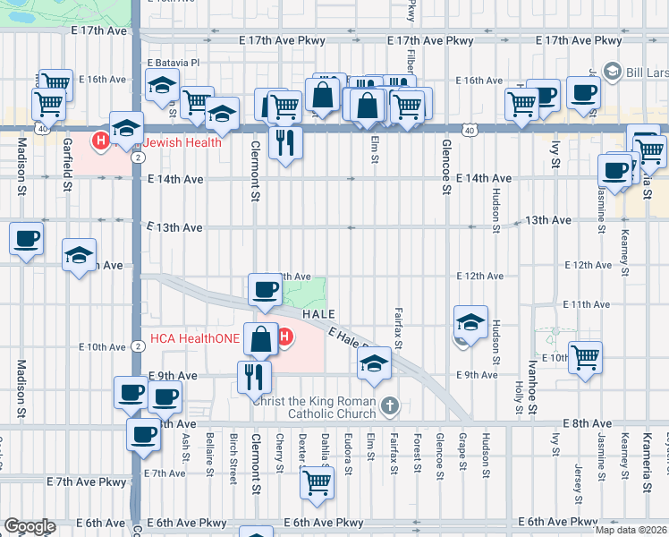 map of restaurants, bars, coffee shops, grocery stores, and more near 1220 Dahlia Street in Denver