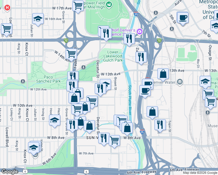 map of restaurants, bars, coffee shops, grocery stores, and more near 2609 West 12th Avenue in Denver