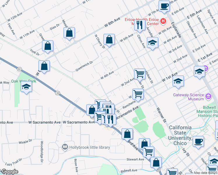 map of restaurants, bars, coffee shops, grocery stores, and more near 808-842 West 2nd Avenue in Chico