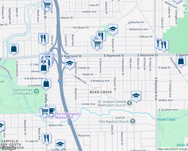map of restaurants, bars, coffee shops, grocery stores, and more near 1625 Wade Street in Indianapolis