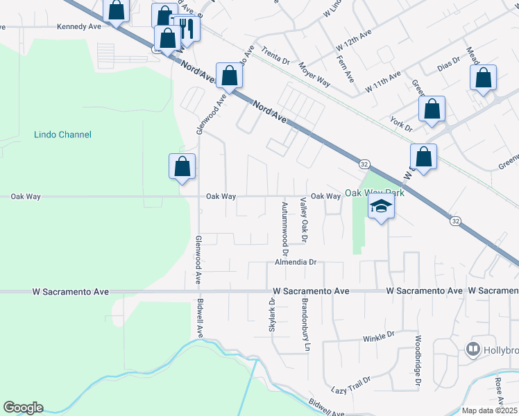 map of restaurants, bars, coffee shops, grocery stores, and more near 1055 4 Acre Court in Chico