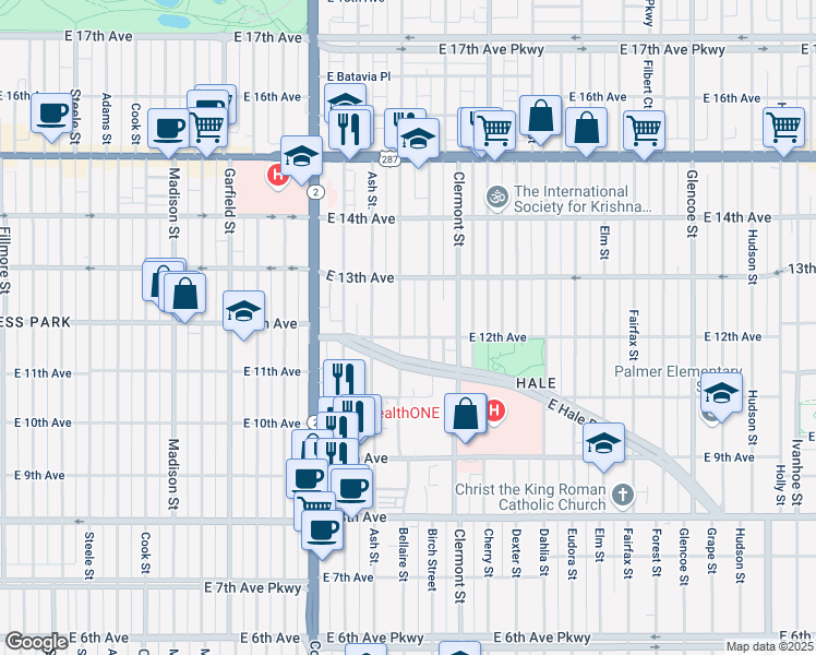 map of restaurants, bars, coffee shops, grocery stores, and more near 1210 Bellaire Street in Denver