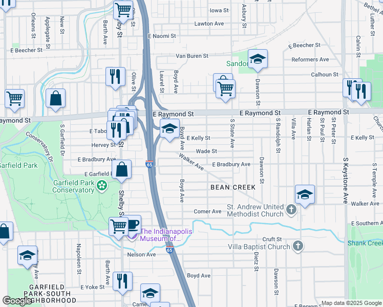 map of restaurants, bars, coffee shops, grocery stores, and more near 1431 Wade Street in Indianapolis