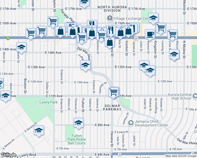 map of restaurants, bars, coffee shops, grocery stores, and more near 1240 Hillside Street in Aurora