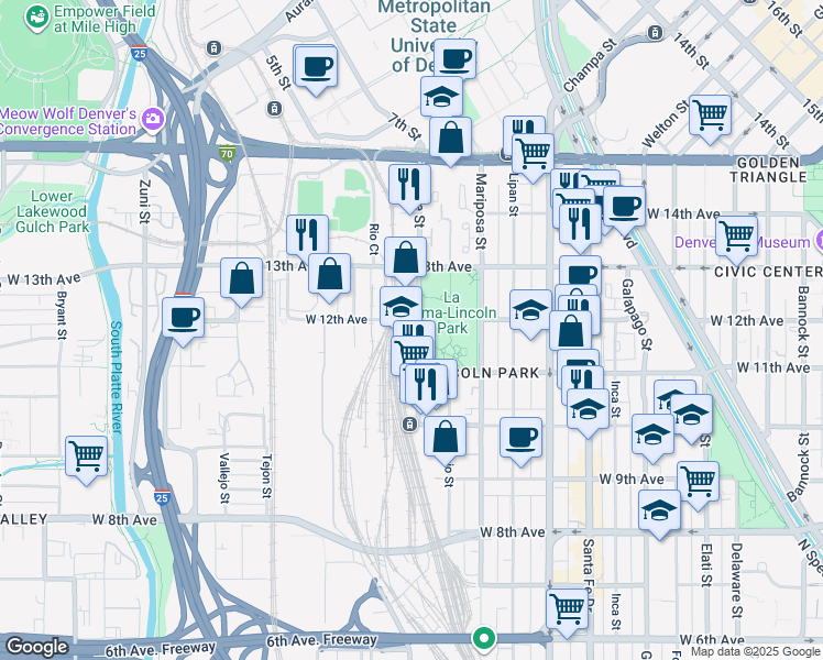 map of restaurants, bars, coffee shops, grocery stores, and more near 1175 Osage Street in Denver