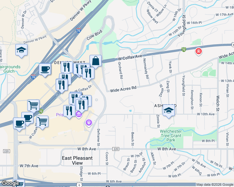 map of restaurants, bars, coffee shops, grocery stores, and more near 13670 Wide Acres Road in Golden