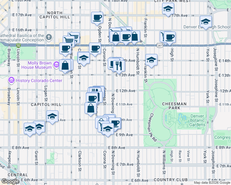 map of restaurants, bars, coffee shops, grocery stores, and more near 1124 East 12th Avenue in Denver