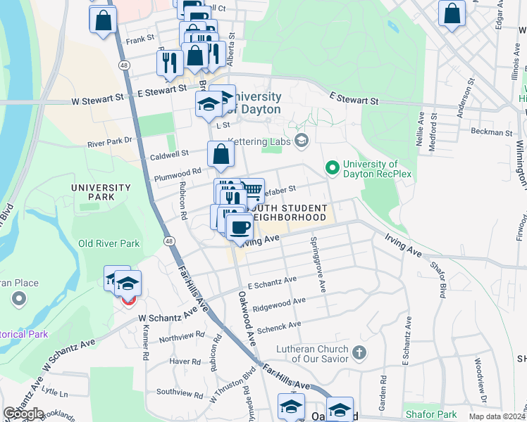 map of restaurants, bars, coffee shops, grocery stores, and more near 301 Lowes Street in Dayton