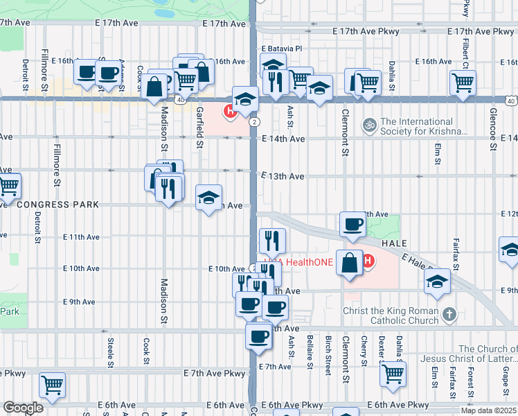 map of restaurants, bars, coffee shops, grocery stores, and more near 1201 Albion Street in Denver