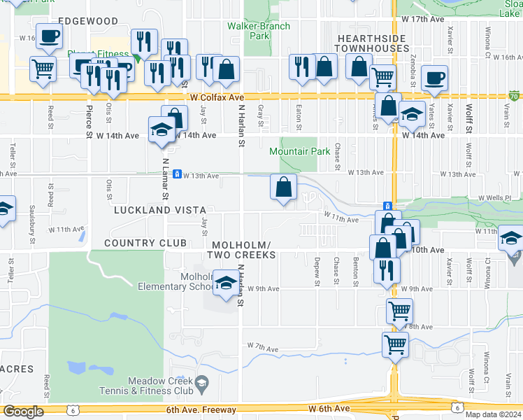 map of restaurants, bars, coffee shops, grocery stores, and more near 5895 West 11th Avenue in Denver