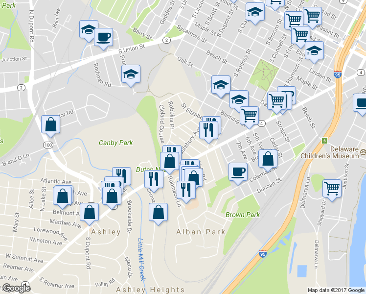 map of restaurants, bars, coffee shops, grocery stores, and more near 1701 Saulsbury Avenue in Wilmington