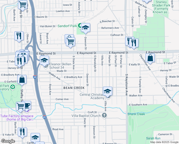 map of restaurants, bars, coffee shops, grocery stores, and more near 2349 Dawson Street in Indianapolis