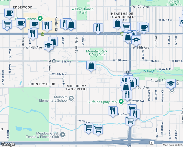 map of restaurants, bars, coffee shops, grocery stores, and more near 5717 West 11th Avenue in Denver