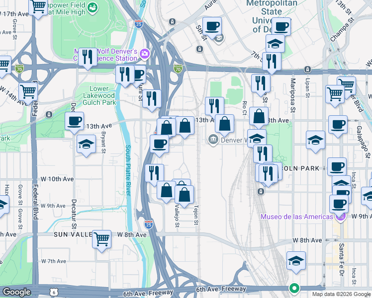 map of restaurants, bars, coffee shops, grocery stores, and more near 1860 West 12th Avenue in Denver