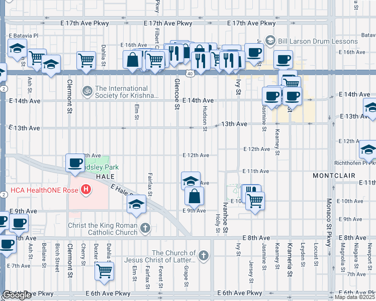 map of restaurants, bars, coffee shops, grocery stores, and more near 1215 Grape Street in Denver