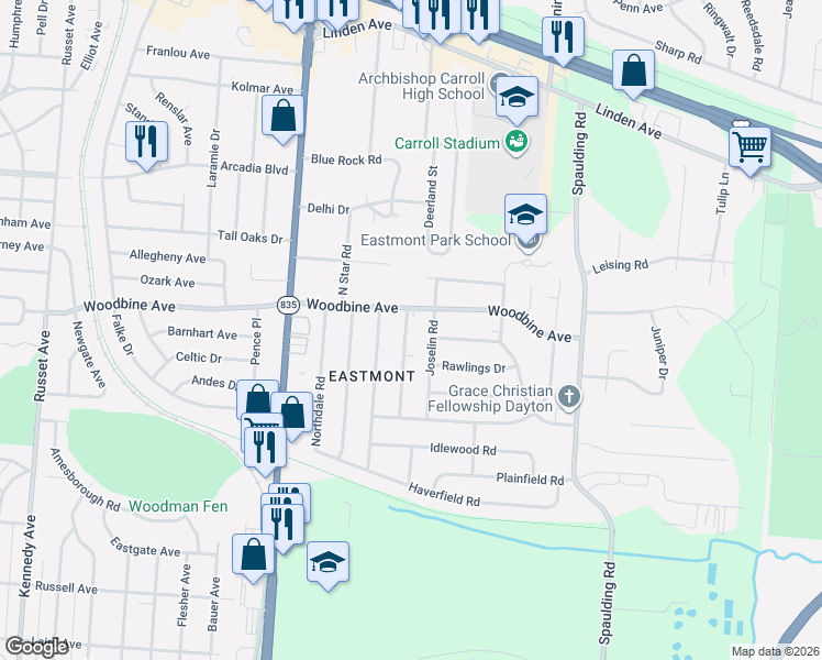 map of restaurants, bars, coffee shops, grocery stores, and more near 1568 Seabrook Road in Dayton