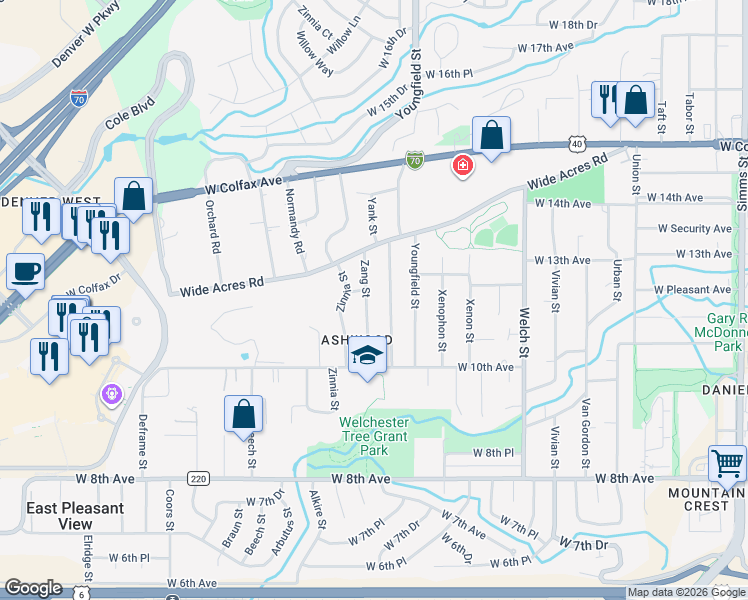 map of restaurants, bars, coffee shops, grocery stores, and more near 1080 Zang Street in Golden