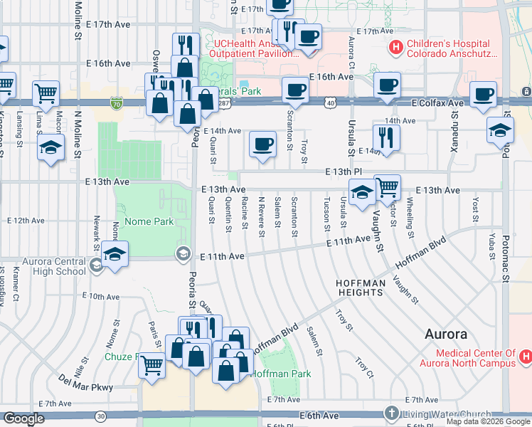 map of restaurants, bars, coffee shops, grocery stores, and more near 1221 Salem Street in Aurora