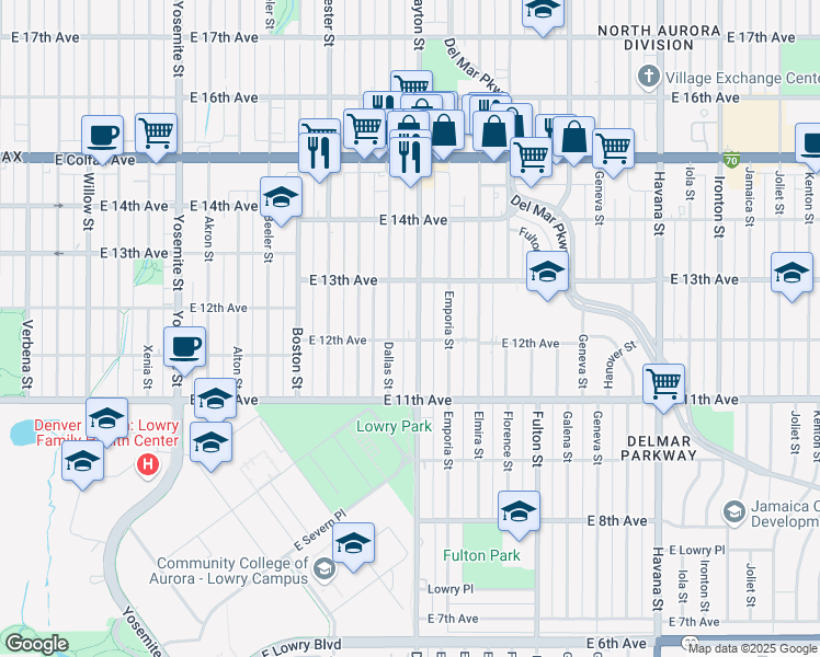 map of restaurants, bars, coffee shops, grocery stores, and more near 1203 Dayton Street in Aurora