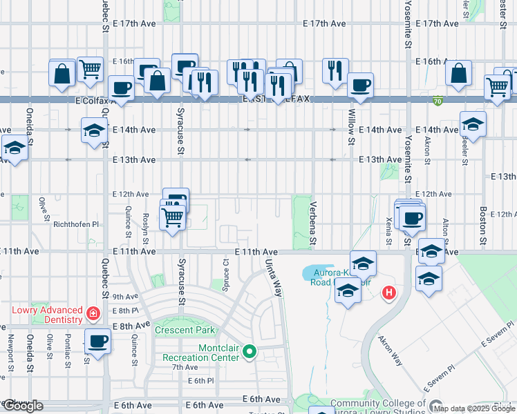 map of restaurants, bars, coffee shops, grocery stores, and more near 8000 East 12th Avenue in Denver