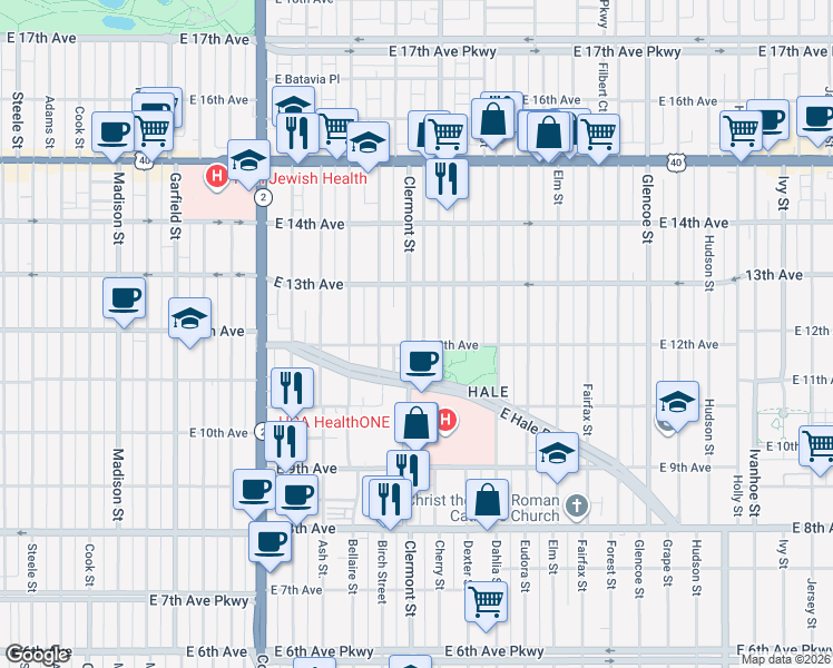 map of restaurants, bars, coffee shops, grocery stores, and more near 1212 Clermont Street in Denver