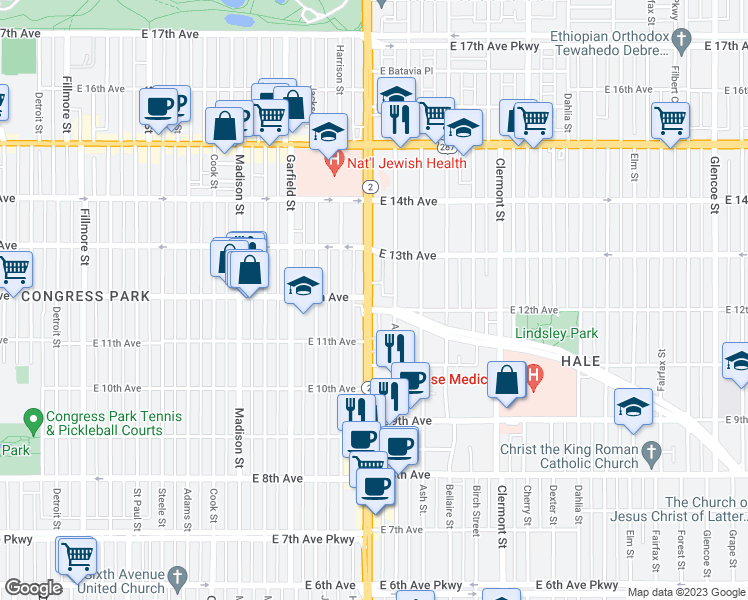 map of restaurants, bars, coffee shops, grocery stores, and more near 1201 Albion Street in Denver