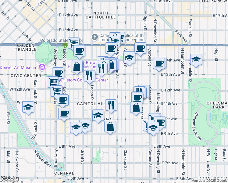 map of restaurants, bars, coffee shops, grocery stores, and more near in Denver