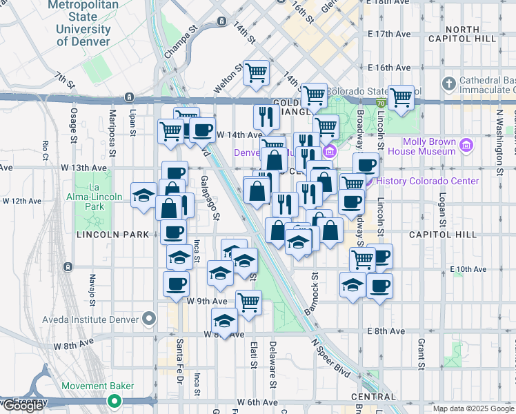 map of restaurants, bars, coffee shops, grocery stores, and more near in Denver