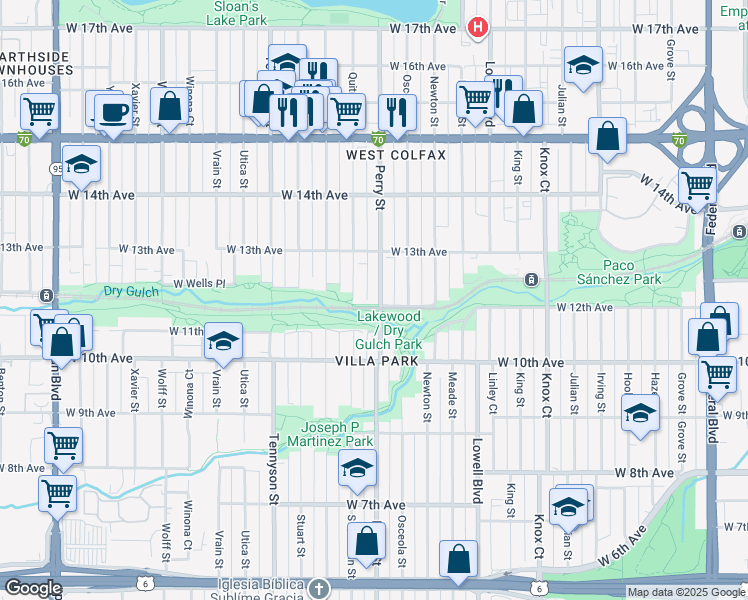 map of restaurants, bars, coffee shops, grocery stores, and more near 1200 Perry Street in Denver