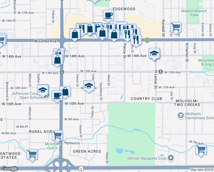 map of restaurants, bars, coffee shops, grocery stores, and more near 1200 Saulsbury Street in Lakewood