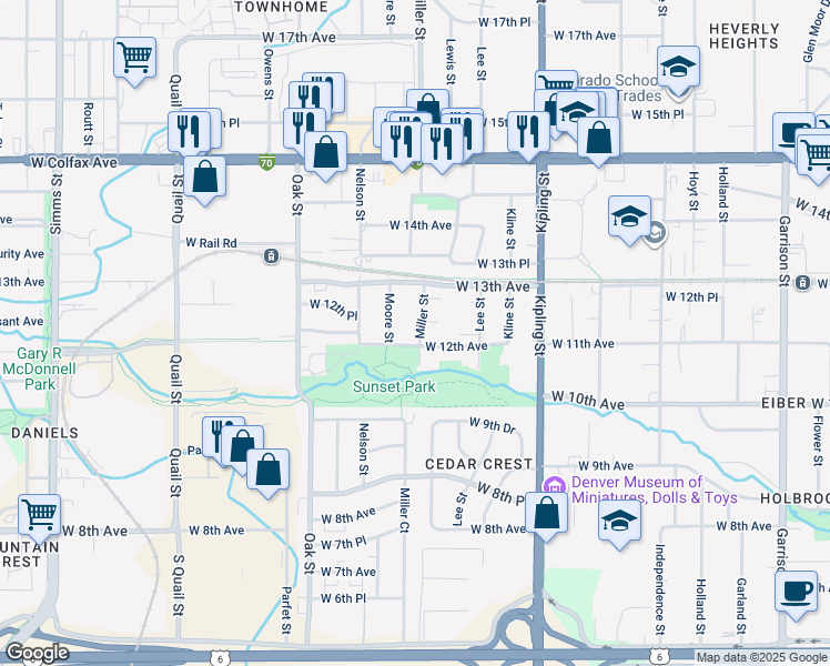 map of restaurants, bars, coffee shops, grocery stores, and more near 10382 West 12th Place in Lakewood