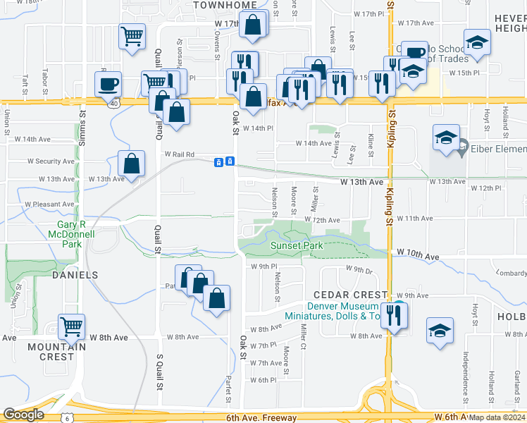 map of restaurants, bars, coffee shops, grocery stores, and more near 10640 West 12th Lane in Lakewood