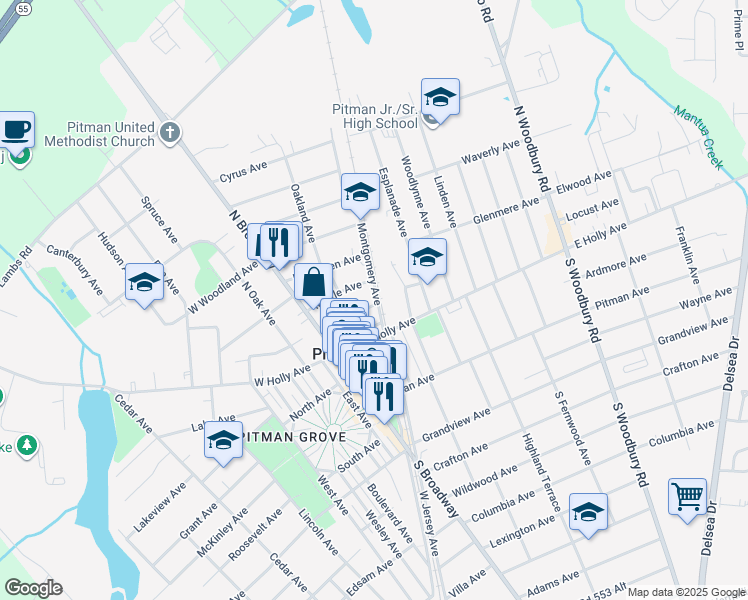map of restaurants, bars, coffee shops, grocery stores, and more near 56 Arbutus Avenue in Pitman