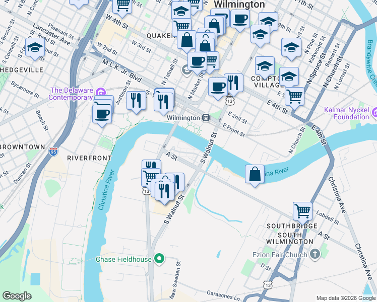 map of restaurants, bars, coffee shops, grocery stores, and more near 185 Christina Landing Drive in Wilmington
