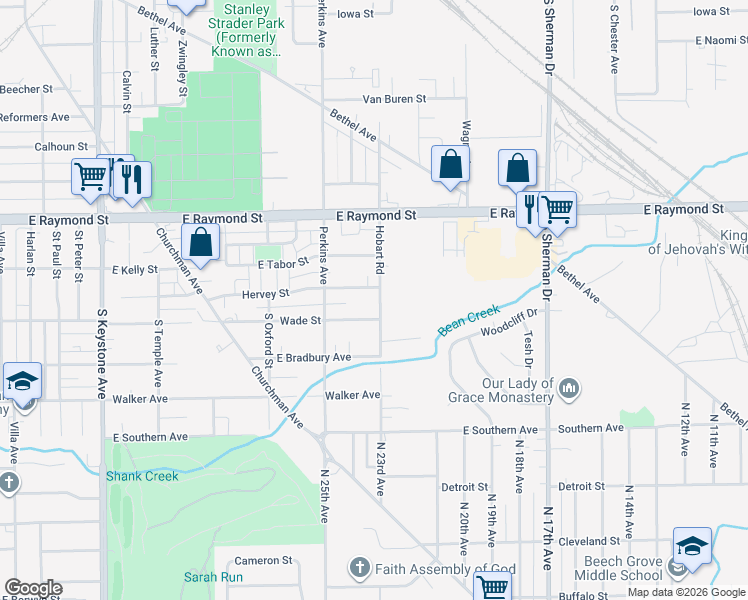map of restaurants, bars, coffee shops, grocery stores, and more near 2330 Hobart Road in Indianapolis