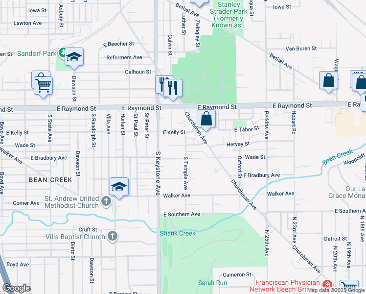 map of restaurants, bars, coffee shops, grocery stores, and more near 2615 Wade Street in Indianapolis