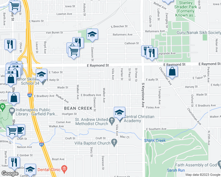 map of restaurants, bars, coffee shops, grocery stores, and more near 2336 Villa Avenue in Indianapolis
