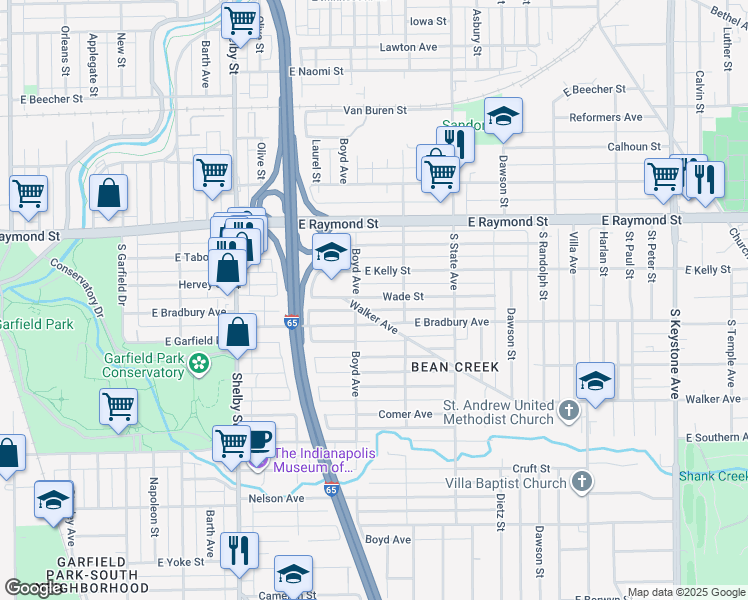 map of restaurants, bars, coffee shops, grocery stores, and more near 1431 Wade Street in Indianapolis