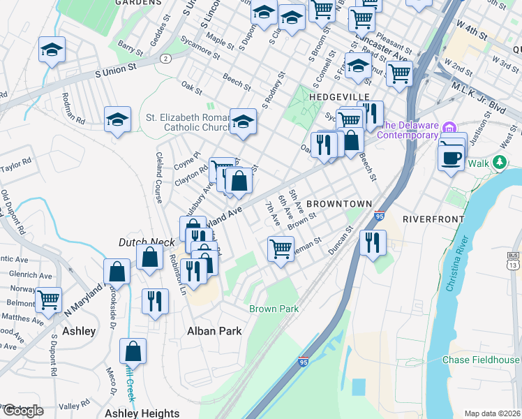 map of restaurants, bars, coffee shops, grocery stores, and more near 4 7th Avenue in Wilmington