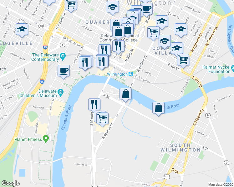 map of restaurants, bars, coffee shops, grocery stores, and more near 165 Christina Landing Drive in Wilmington