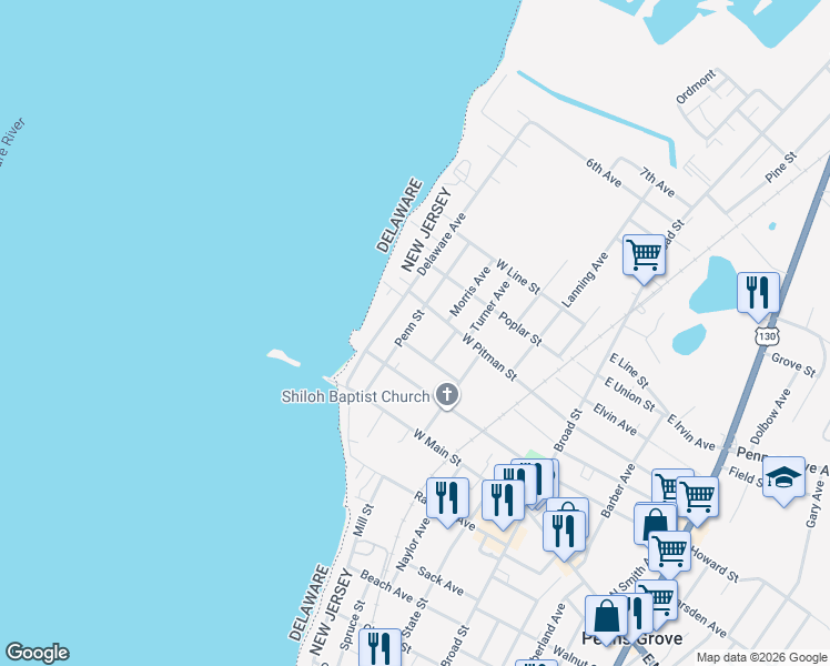 map of restaurants, bars, coffee shops, grocery stores, and more near 61 Penn Street in Penns Grove