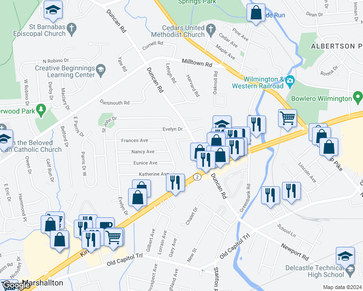 map of restaurants, bars, coffee shops, grocery stores, and more near 3712 Wild Cherry Lane in Wilmington