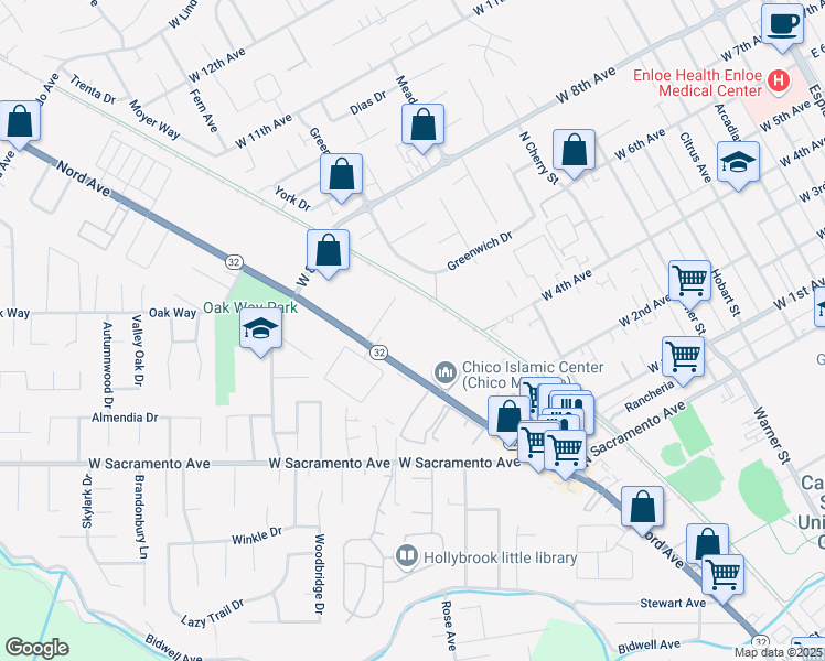map of restaurants, bars, coffee shops, grocery stores, and more near 1436 Nord Avenue in Chico