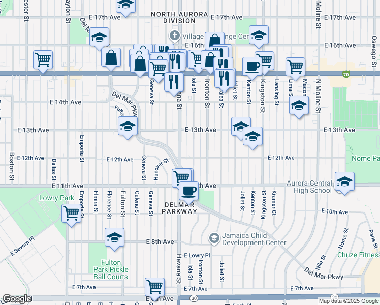 map of restaurants, bars, coffee shops, grocery stores, and more near 1215 Iola Street in Aurora