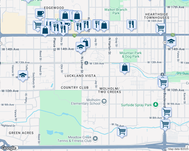 map of restaurants, bars, coffee shops, grocery stores, and more near 6201 West 11th Avenue in Lakewood
