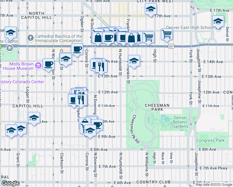 map of restaurants, bars, coffee shops, grocery stores, and more near 1420 East 12th Avenue in Denver